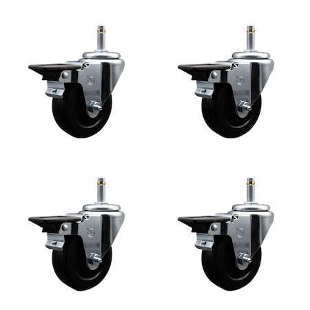 Service Caster 3.5'' Soft Rubber Wheel Swivel 7/16'' Grip Ring Stem Caster Set with Brake, 4PK SCC-GR20S3514-SRS-PLB-716138-4